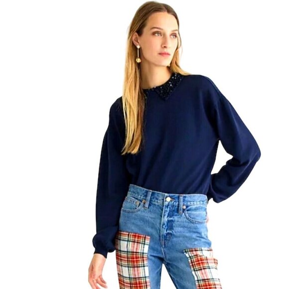 J.Crew Navy Crewneck Sweatshirt Crystal Sequin Embellished Collar Collar Size M - Picture 4 of 8